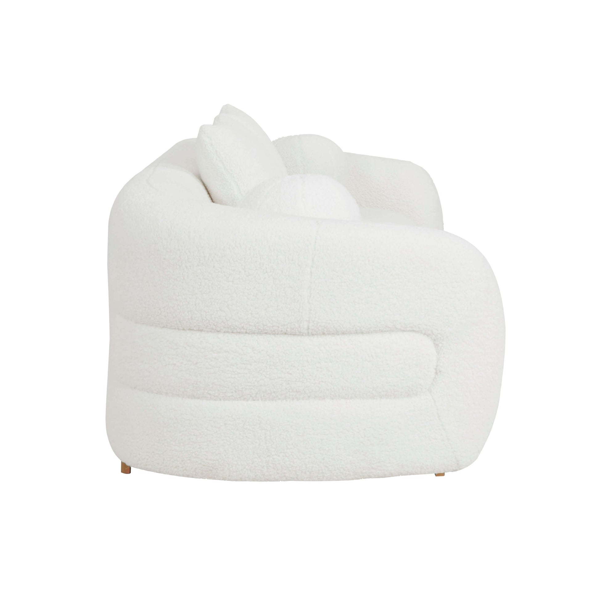 Novella Sherpa Sofa – 92” White Fabric Sofa with Gold Base (Modern Luxury 3-Seater) side view showcasing soft texture and design.