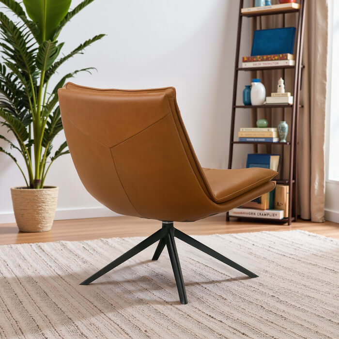 Oakland Cognac Vegan Leather Armless Swivel Chair with X-shape base in stylish living room setting.