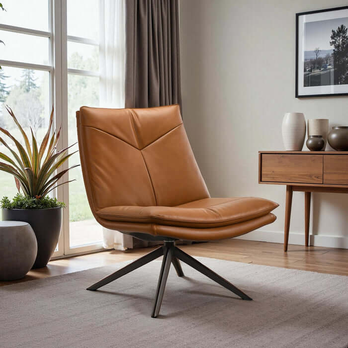 Oakland Cognac Vegan Leather Armless Swivel Chair in a modern living room with stylish decor.