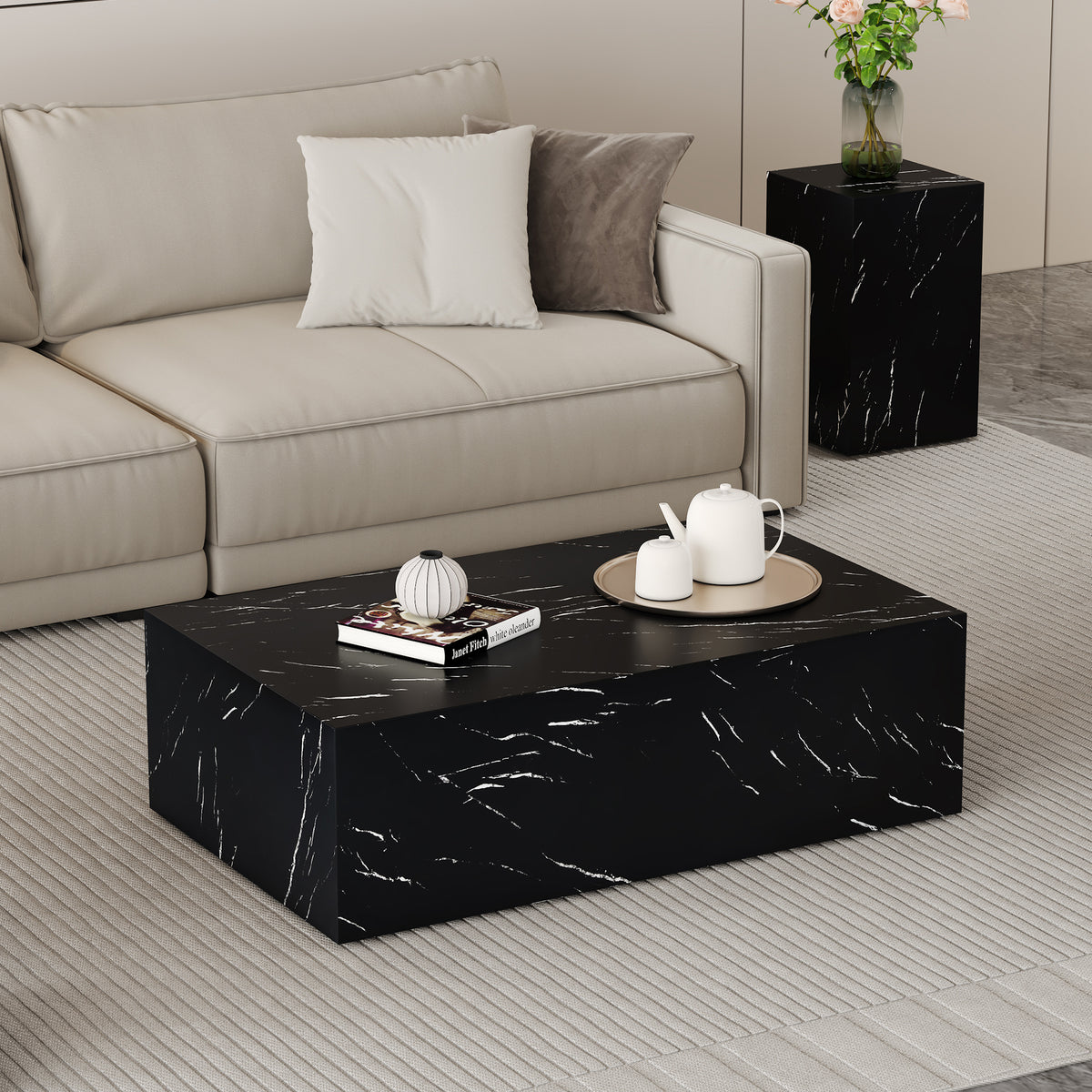 Odessa Black Marble-Texture Coffee Table – 39" Modern Accent Table – view 2