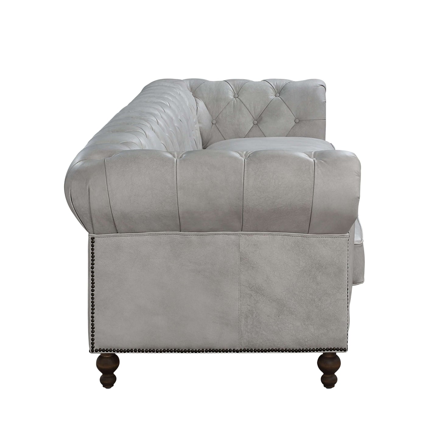 Ofer Vintage Top-Grain Leather Sofa – 122” Antique White Tufted Sofa with Nailhead Trim side view, showcasing premium leather and tufting.