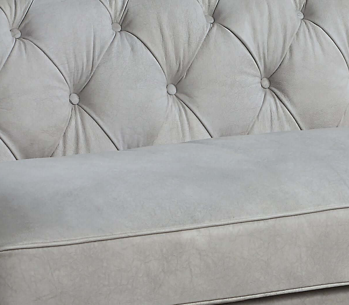 Ofer Vintage Top-Grain Leather Sofa – 122” Antique White Tufted Sofa with Nailhead Trim close-up of tufted detailing