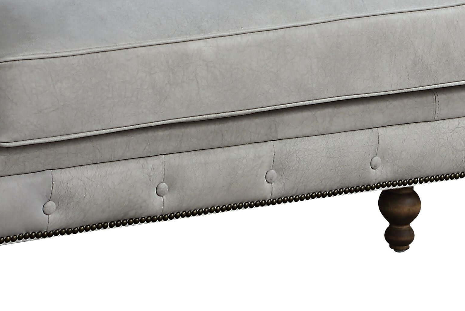 Ofer Vintage Top-Grain Leather Sofa – 122” Antique White Tufted Sofa with Nailhead Trim close-up of button tufting and nailhead trim.
