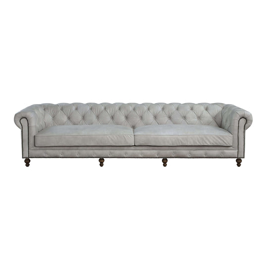Ofer Vintage Top-Grain Leather Sofa – 122” Antique White Tufted Sofa with Nailhead Trim