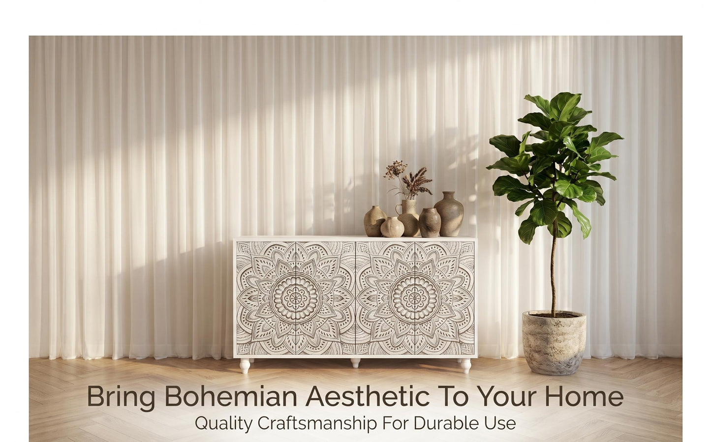 Oleander Boho Mandala Sideboard – 60" 4-Door White Farmhouse Credenza – view 13