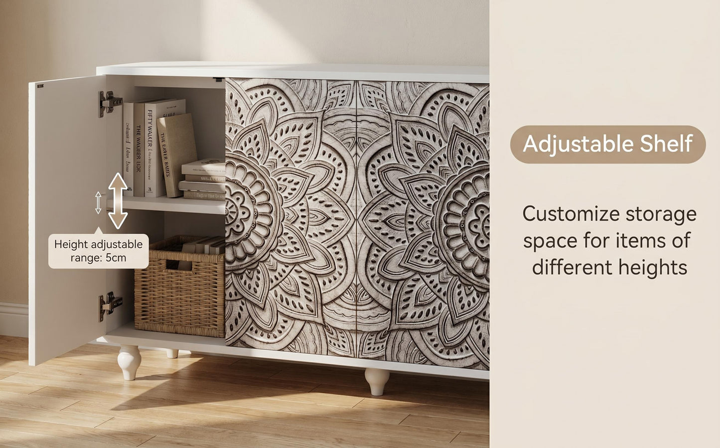 Oleander Boho Mandala Sideboard – 60" 4-Door White Farmhouse Credenza – view 15