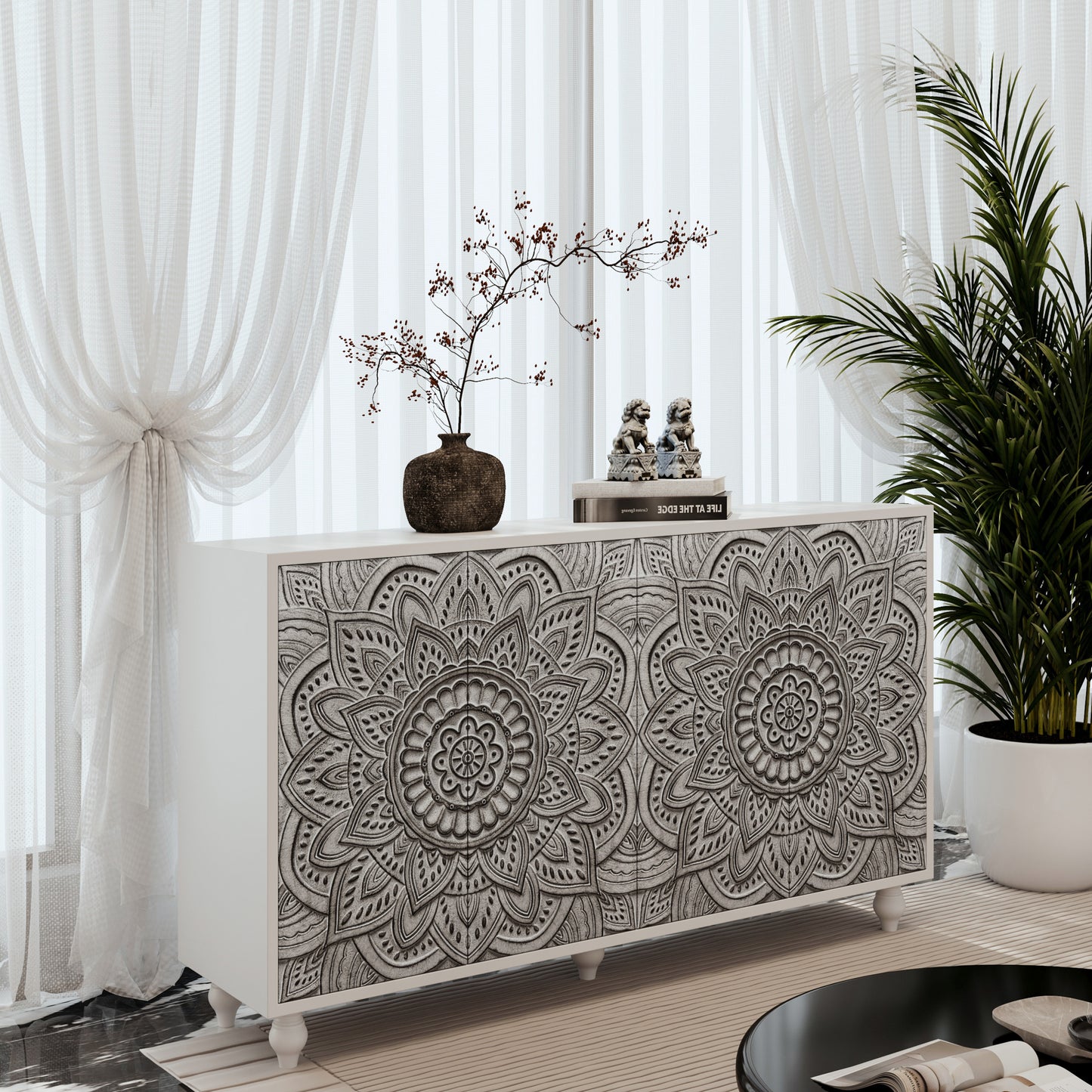 Oleander Boho Mandala Sideboard – 60" 4-Door White Farmhouse Credenza – view 3
