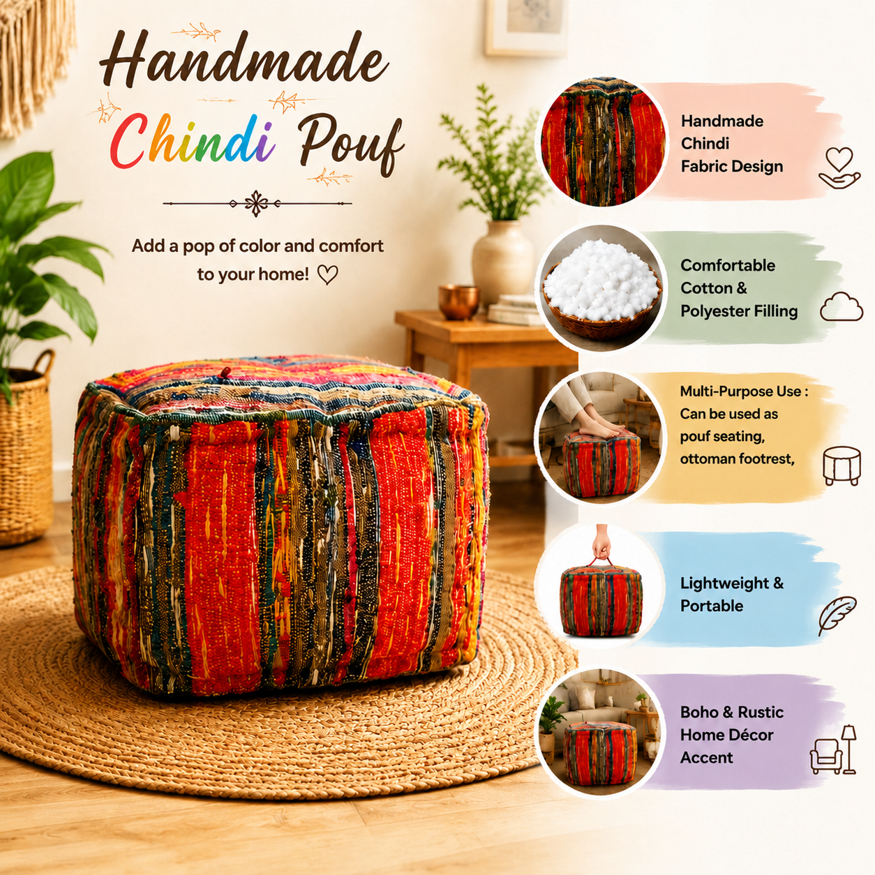 Oleander Chindi Pouf Ottoman – 20" Handmade Boho Floor Cushion – view 6