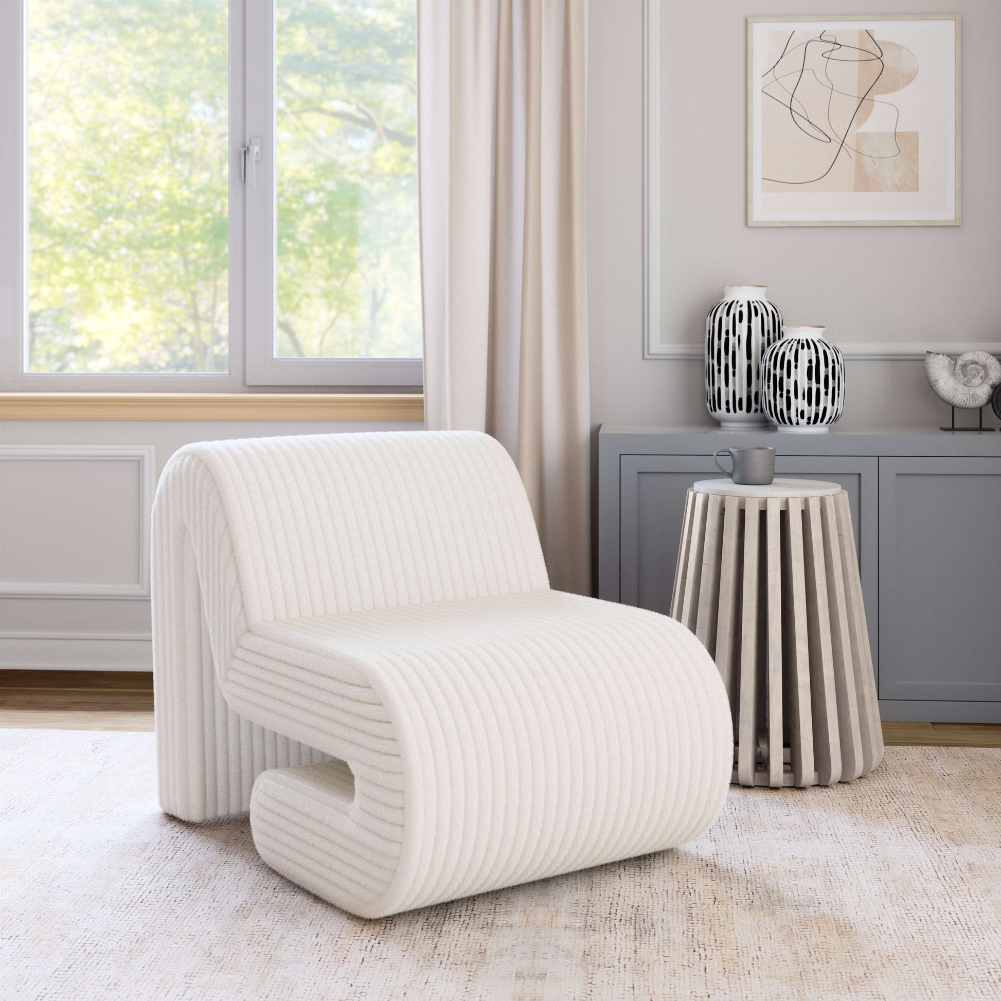 Opam White Corduroy Accent Chair – Modern Sculptural Lounge Chair in a bright interior with minimalist decor.