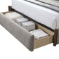 Orane Gray Fabric Queen Bed Platform w/Storage with open drawer showcasing storage options.