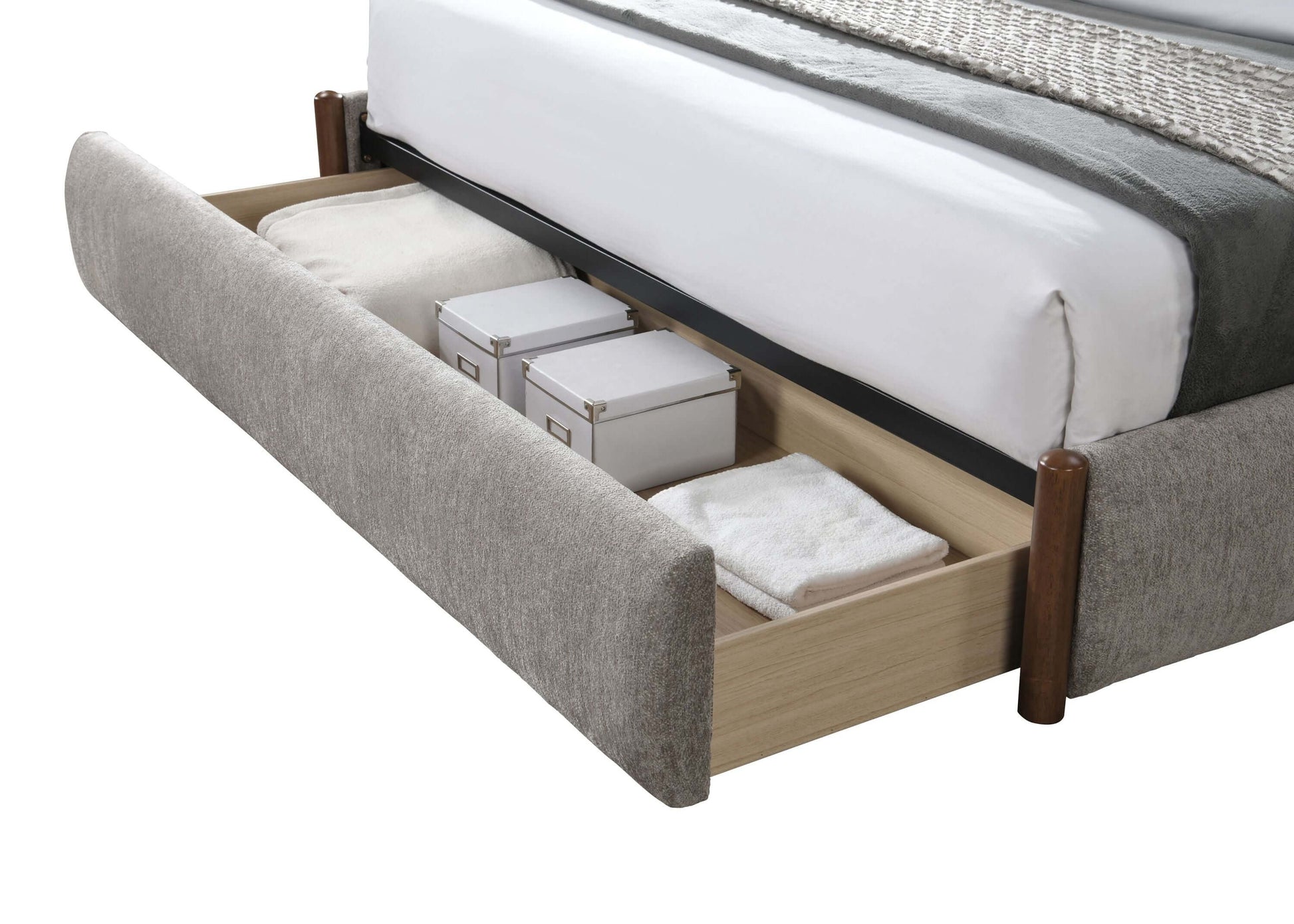 Orane Gray Fabric Queen Bed Platform w/Storage with open drawer showcasing storage options.