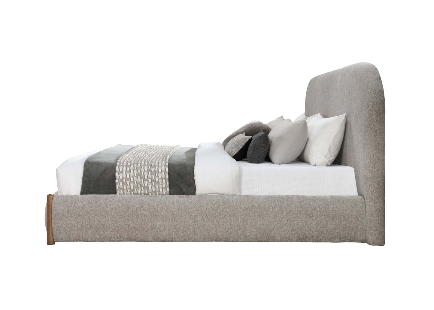 Orane Gray Fabric Queen Bed Platform w/Storage side view with cushions and bedding arranged.