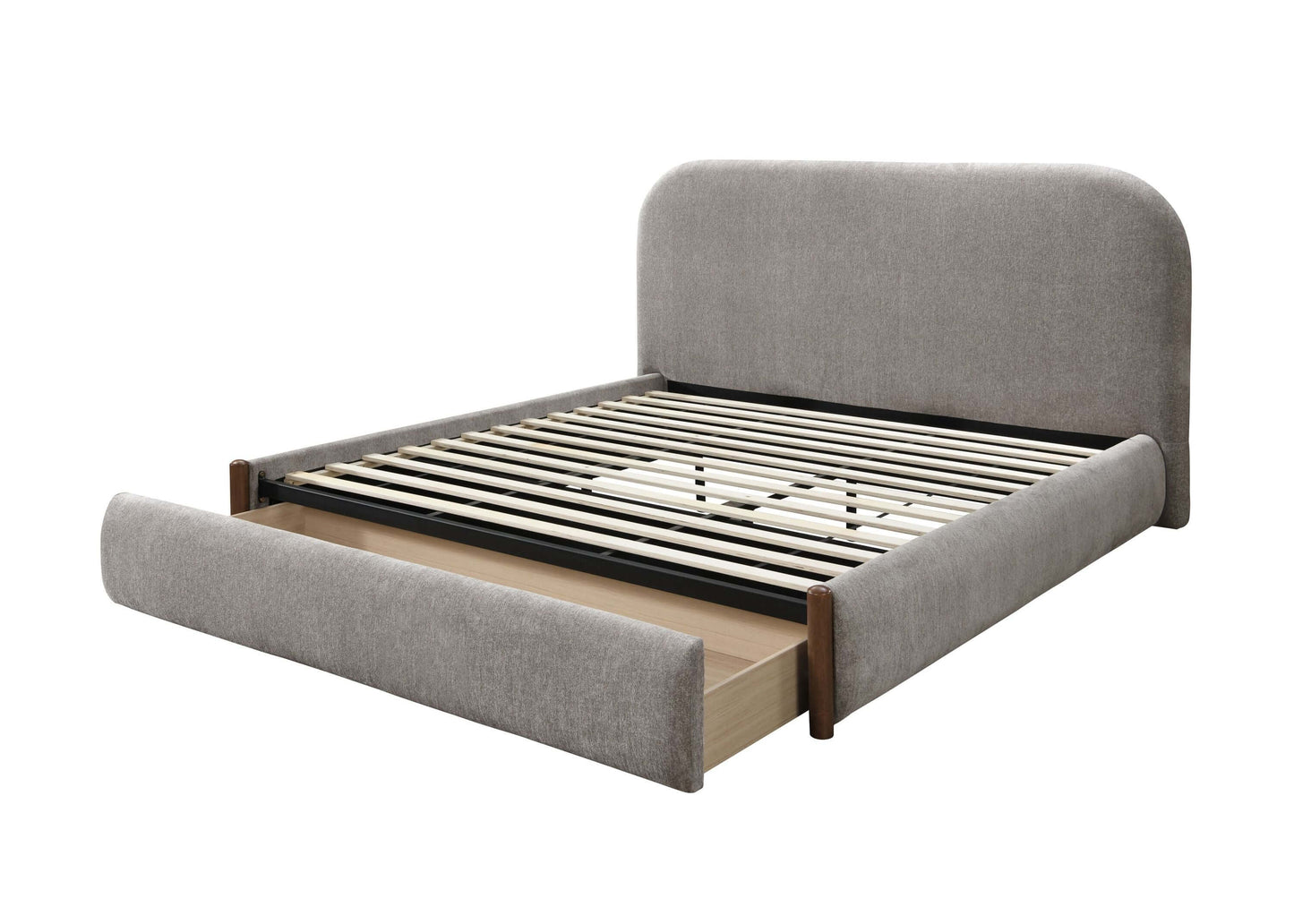 Orane Gray Fabric Queen Bed Platform w/Storage featuring a soft gray upholstered design and underbed storage.