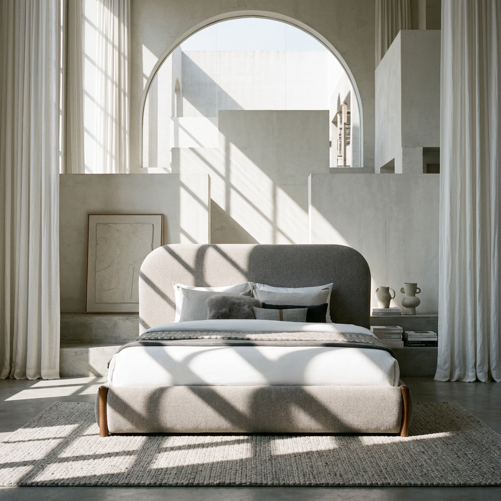 Orane Gray Fabric Queen Bed Platform w/Storage in a modern bedroom setting with soft fabric and natural light.