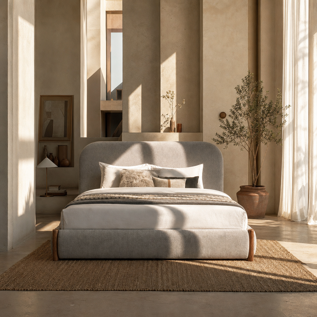 Orane Gray Fabric Queen Bed Platform w/Storage in a modern, well-lit bedroom setting with minimalist decor.