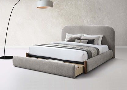Orane Gray Fabric Queen Bed Platform w/Storage in modern bedroom setting with stylish floor lamp.
