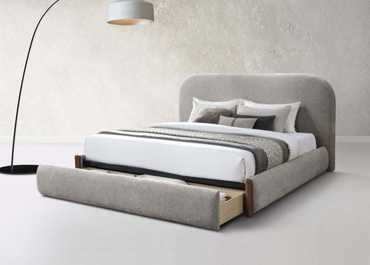 Orane Gray Fabric Queen Bed Platform w/Storage in modern bedroom setting with stylish floor lamp.