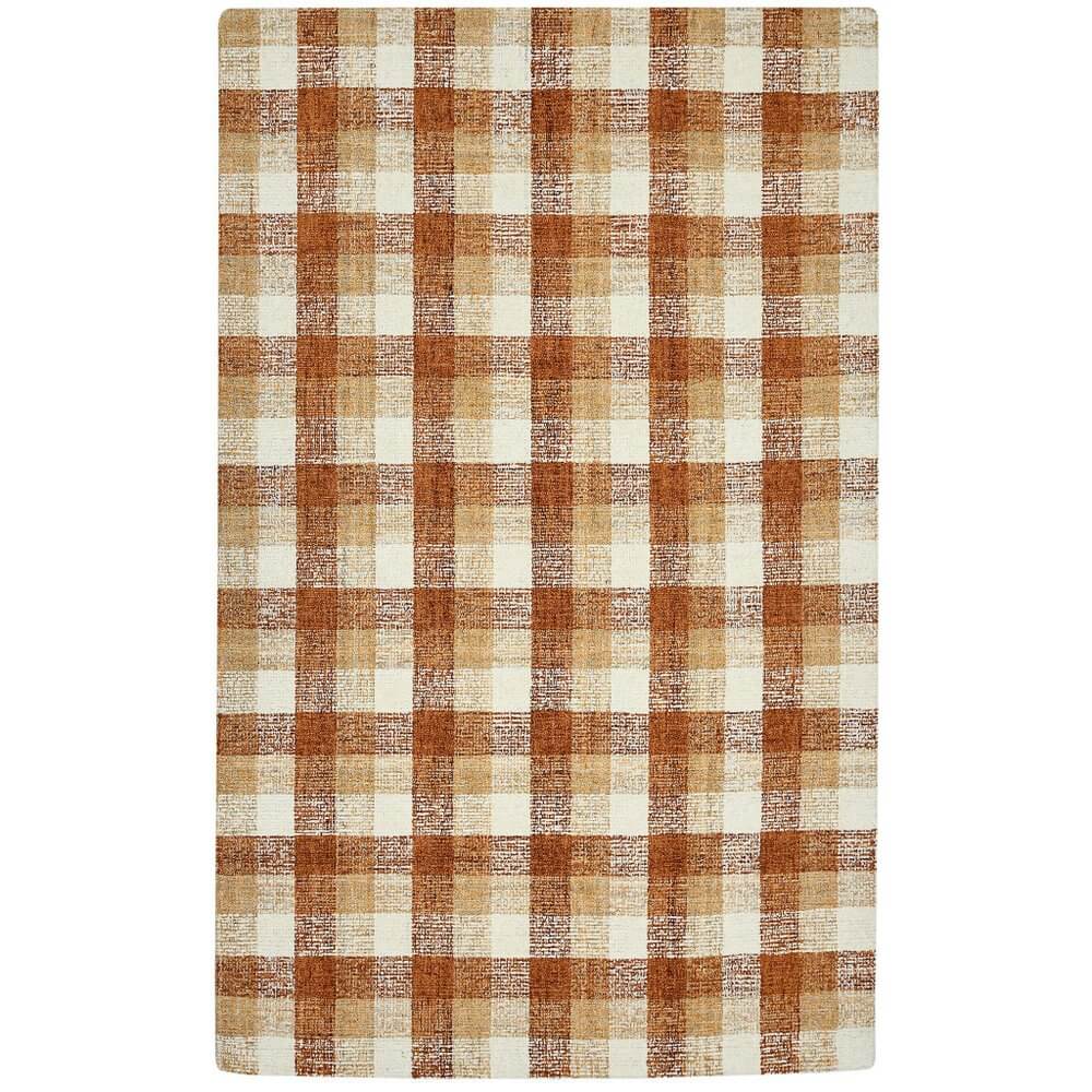 Orange Beige And Brick Red Wool Plaid Hand Tufted Area Rug | 9' x 13' in a warm plaid pattern, showcasing textured wool construction.