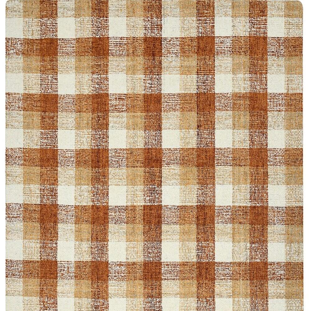 Orange Beige And Brick Red Wool Plaid Hand Tufted Area Rug | 9' x 13' classic plaid pattern in warm colors.