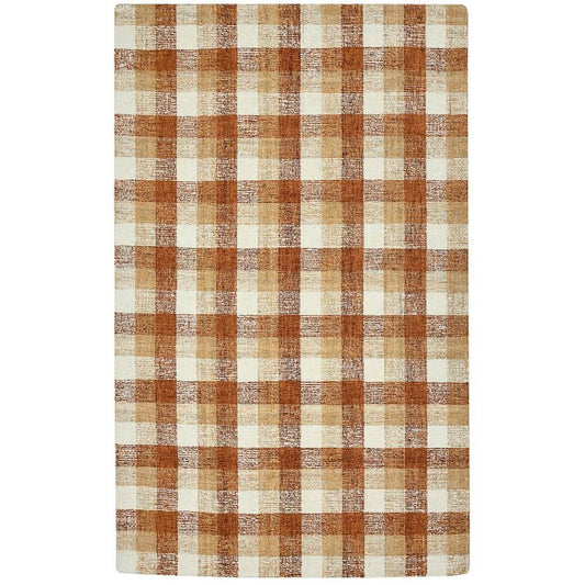 Orange Beige And Brick Red Wool Plaid Hand Tufted Area Rug | 9' x 13'. Warm colors, classic plaid design.