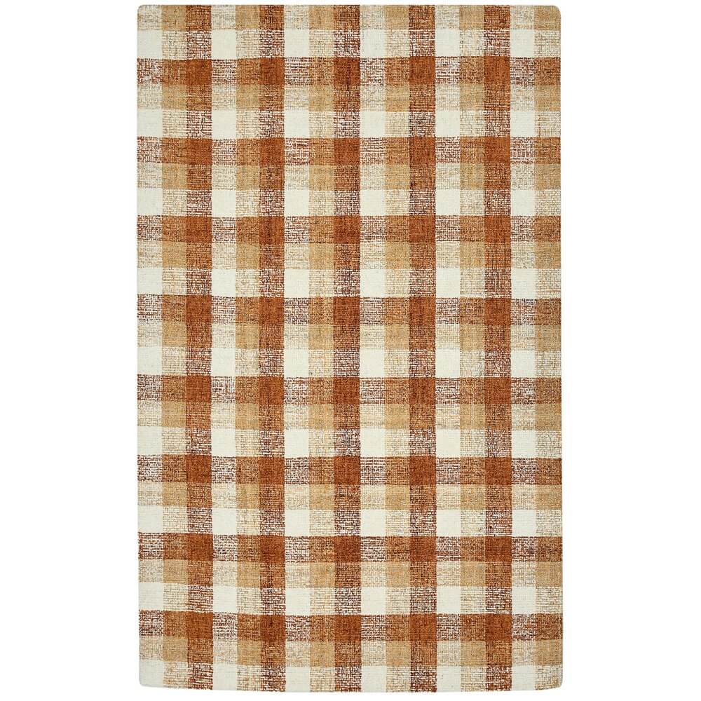 Orange Beige And Brick Red Wool Plaid Hand Tufted Area Rug | 9' x 13'. Warm colors, classic plaid design.