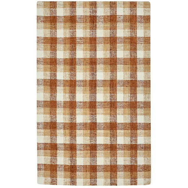 Orange Beige And Brick Red Wool Plaid Hand Tufted Area Rug | 9' x 13'. Warm colors, classic plaid design.