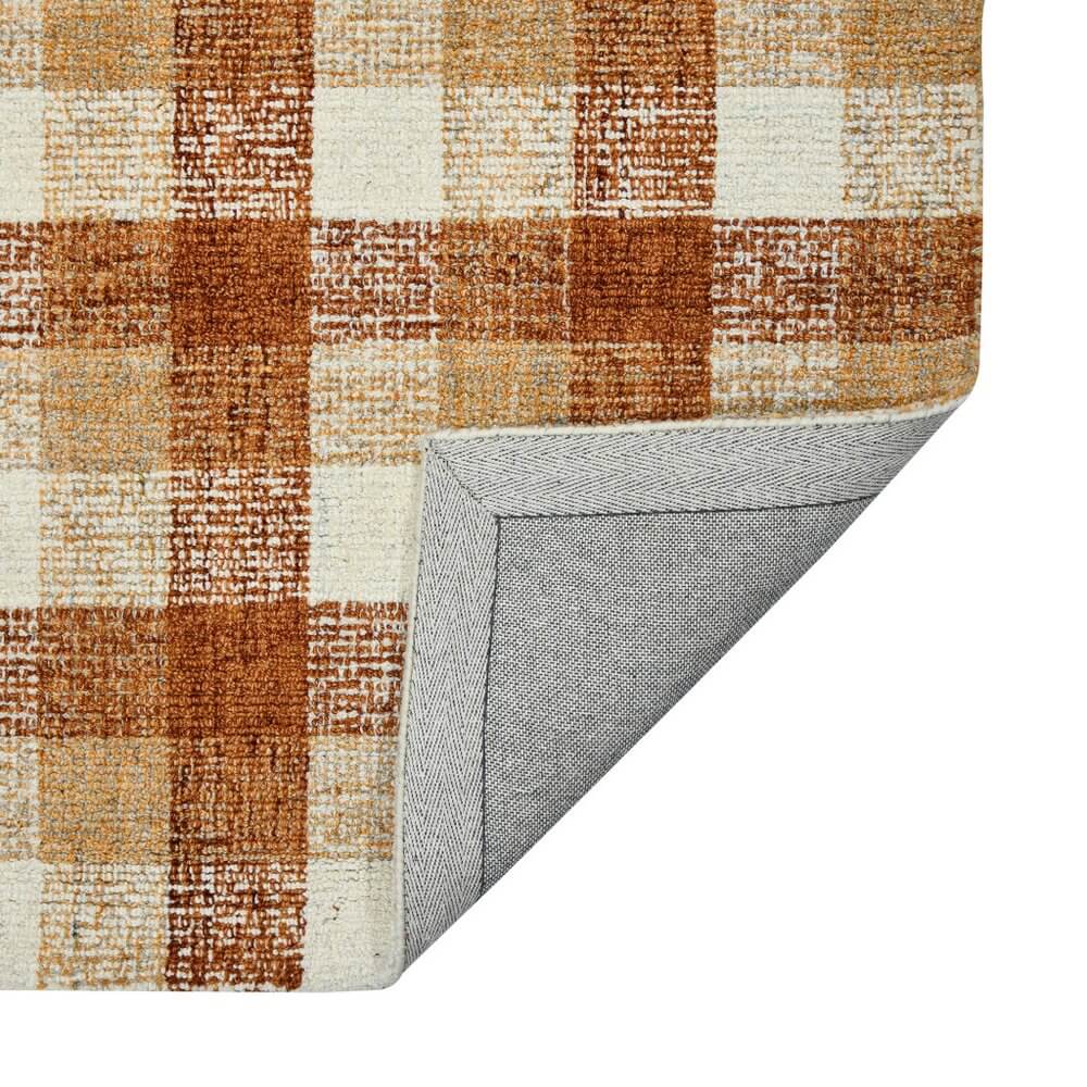 Orange Beige And Brick Red Wool Plaid Hand Tufted Area Rug | 9' x 13' showing the plaid design and textured finish.
