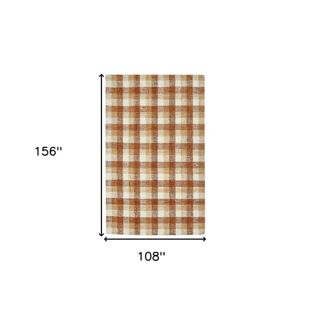 Orange Beige And Brick Red Wool Plaid Hand Tufted Area Rug | 9' x 13' dimensions showing 156'' x 108'' size.