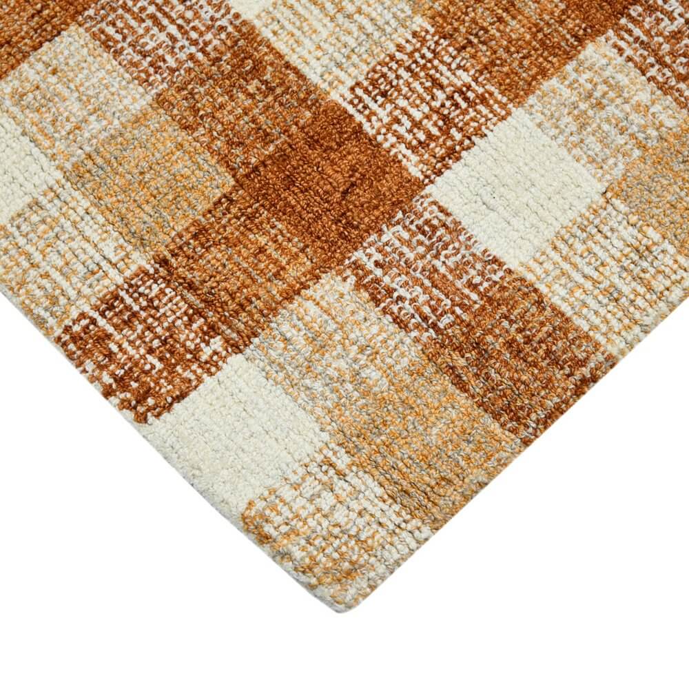 Orange Beige And Brick Red Wool Plaid Hand Tufted Area Rug | 9' x 13' close-up of texture and pattern