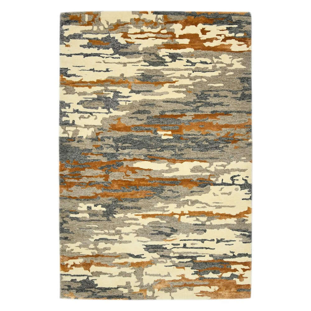 Orange Ivory And Green Wool Abstract Hand Tufted Area Rug | 9' x 13' showcasing an abstract design in warm colors.