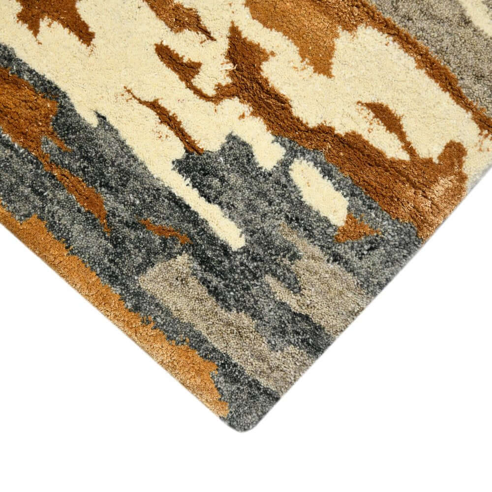 Orange Ivory And Green Wool Abstract Hand Tufted Area Rug | 9' x 13' - close-up view of design texture.