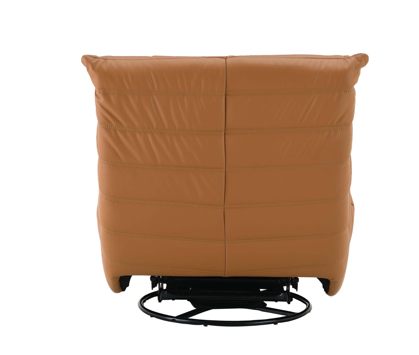 Orange PU Leather Swivel Glider Recliner – Modern Reclining Chair with 360° Swivel & Smooth Glide from the back view.