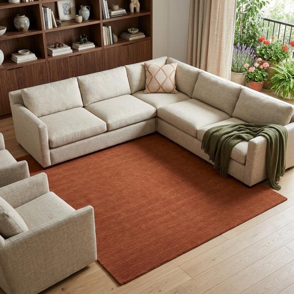 Orange Wool Hand Woven Area Rug | 9' x 13' placed beneath a light-colored sectional sofa in a cozy living room.