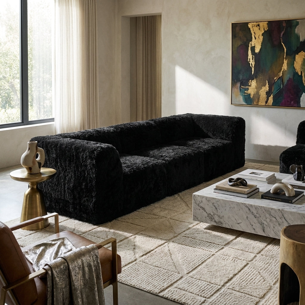 Osgood Faux Fur Modular Sofa – Black Corner Wedge & Armless Chair Set – view 2