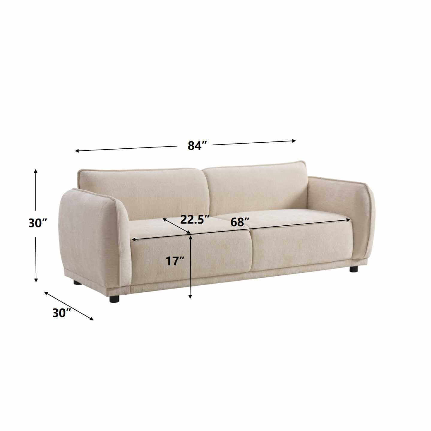 Oslo Boucle Sofa – 84” Round Arm Modern 3-Seater Couch (Beige Upholstered) dimensions and measurements.