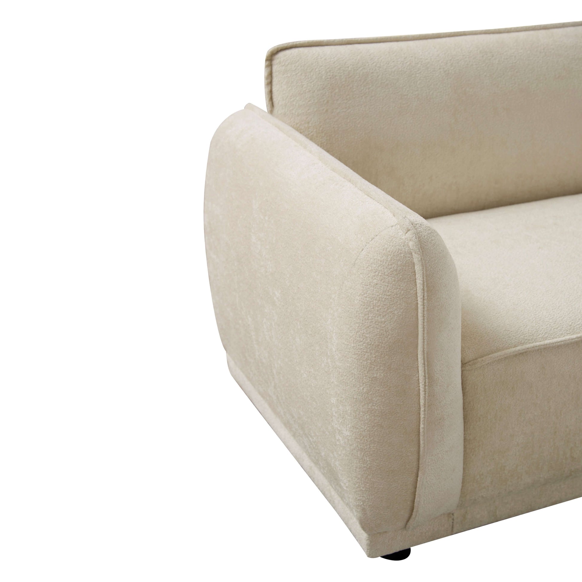 Oslo Boucle Sofa – 84” Round Arm Modern 3-Seater Couch (Beige Upholstered) corner view showcasing soft boucle fabric.