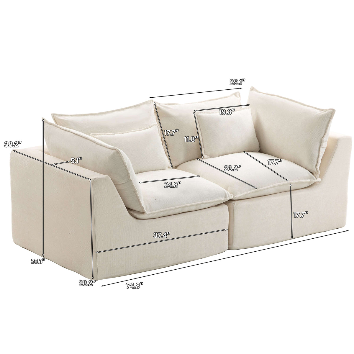 Oversized Cloud Couch Modular Loveseat 74.8" | Deep Seat Velvet 2-Seater Sofa dimensions and design details.