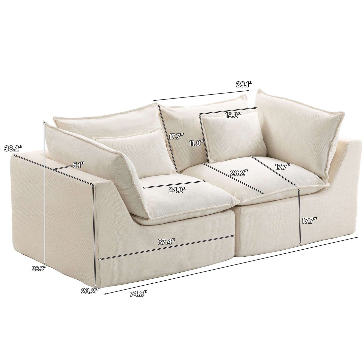 Oversized Cloud Couch Modular Loveseat 74.8" | Deep Seat Velvet 2-Seater Sofa dimensions and design details.