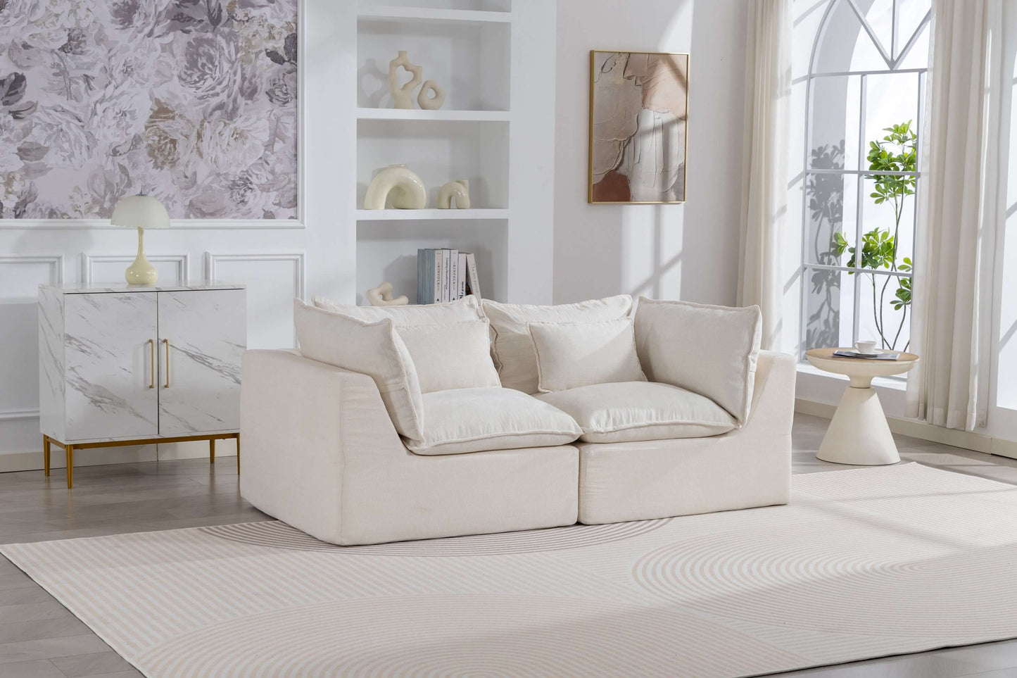Oversized Cloud Couch Modular Loveseat 74.8" | Deep Seat Velvet 2-Seater Sofa in soft beige fabric with pillows.
