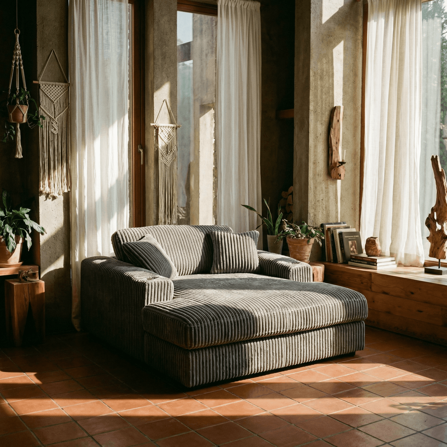 Oversized Gray Lounge Chair Corduroy with Cup Holder & 2 Pillows in a sunlit living room.