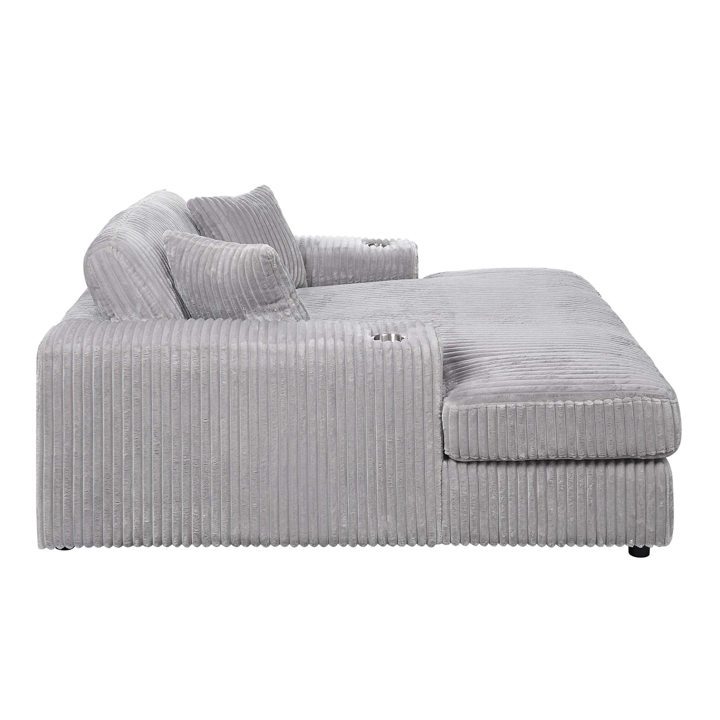 Oversized Gray Lounge Chair Corduroy with cup holder, deep seat, and two plush pillows for ultimate comfort.