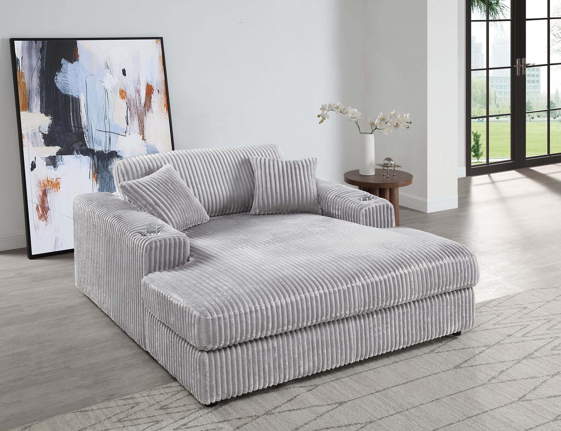 Oversized Gray Lounge Chair Corduroy with Cup Holder & 2 Pillows in a modern living room setting.