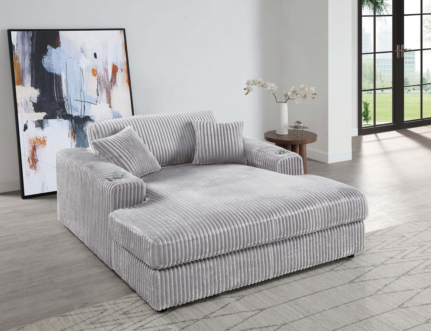 Oversized Gray Lounge Chair Corduroy with Cup Holder & 2 Pillows in a modern living room setting.