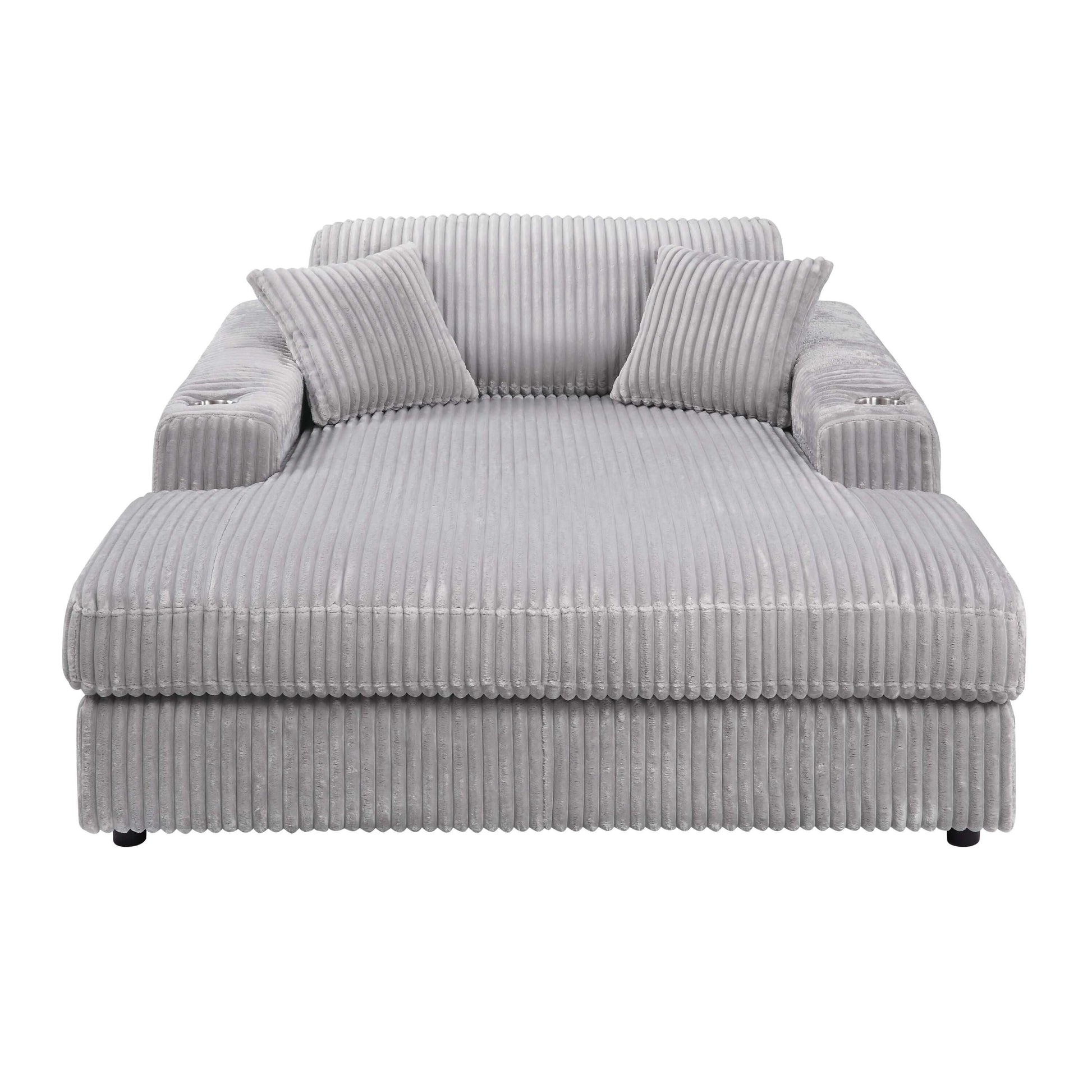 Oversized Gray Lounge Chair with cup holder and two pillows, featuring soft corduroy fabric and modern design.