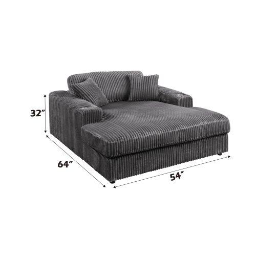 Oversized Gray Lounge Chair made of corduroy with cup holder and two pillows, providing modern comfy accent seating.