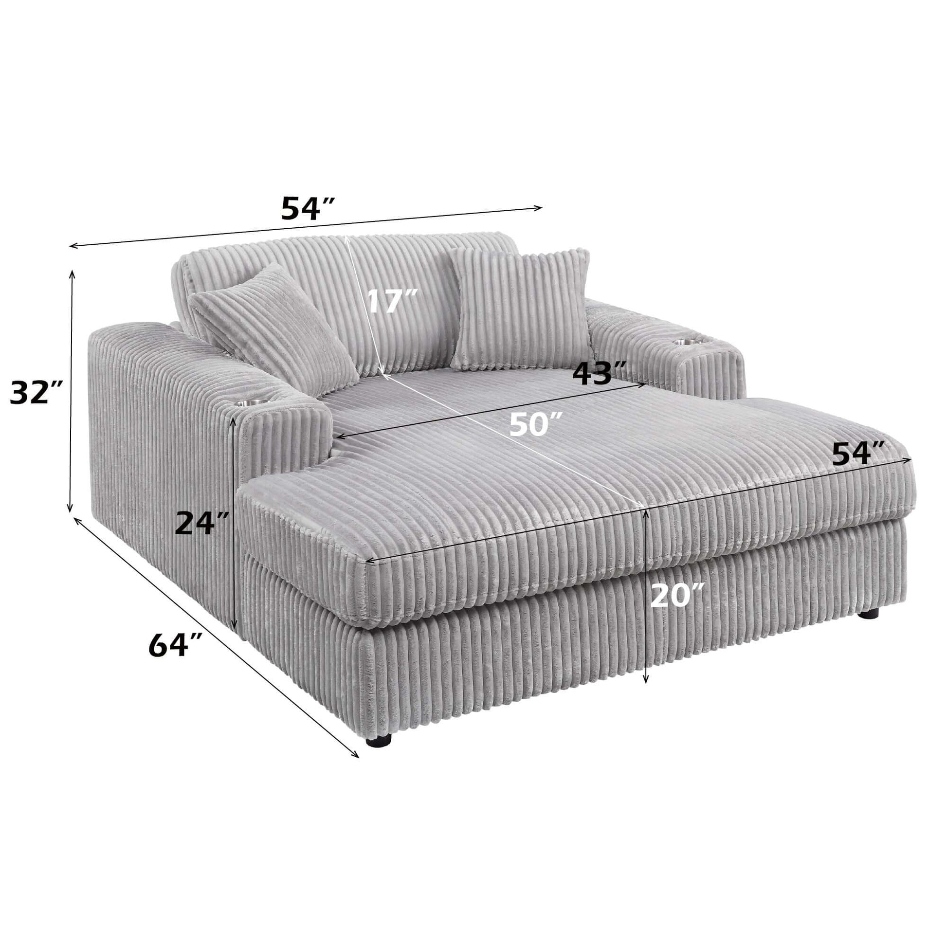 Oversized Gray Lounge Chair with dimensions 54x64x32 inches, featuring corduroy fabric, cup holder, and two pillows.