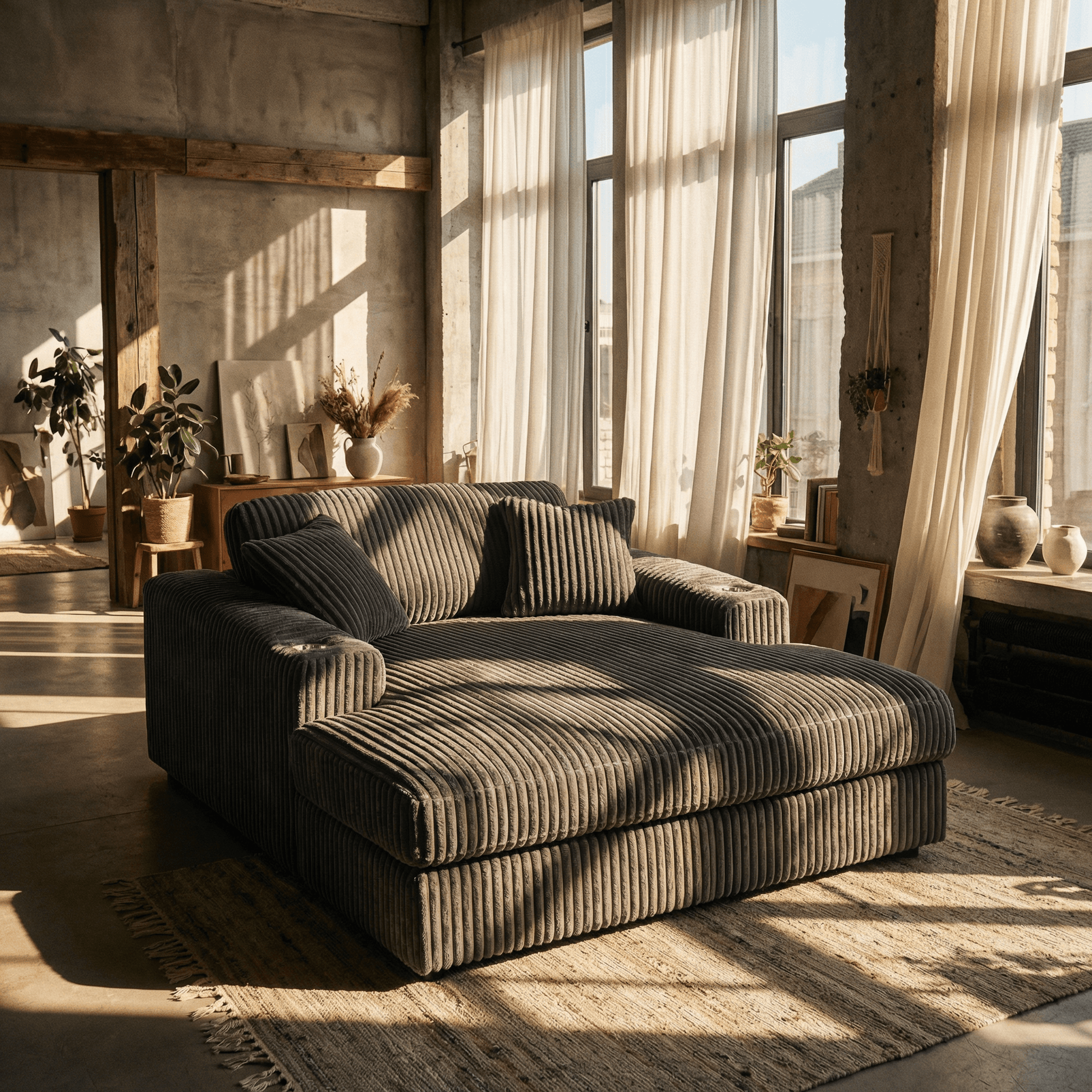 Oversized Gray Lounge Chair Corduroy with Cup Holder & 2 Pillows in a cozy living room setting with natural light.