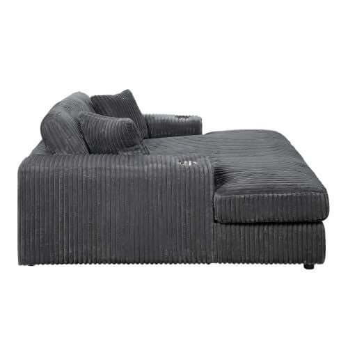 Oversized Gray Lounge Chair Corduroy with Cup Holder & 2 Pillows showcasing deep seat chaise design.