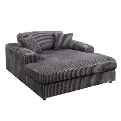 Oversized Gray Lounge Chair featuring corduroy texture, cup holder, and two pillows for deep lounge comfort.