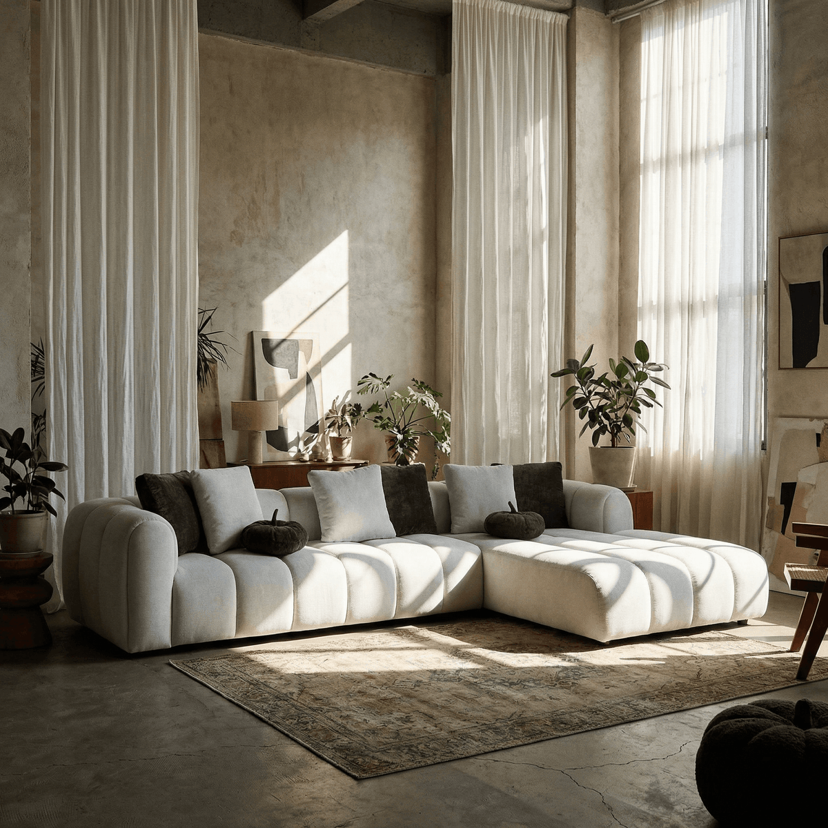 White Sectional Sofa w/ 8 Pillows – Oversized Modern Chaise Couch (145”) in a stylish living room setting